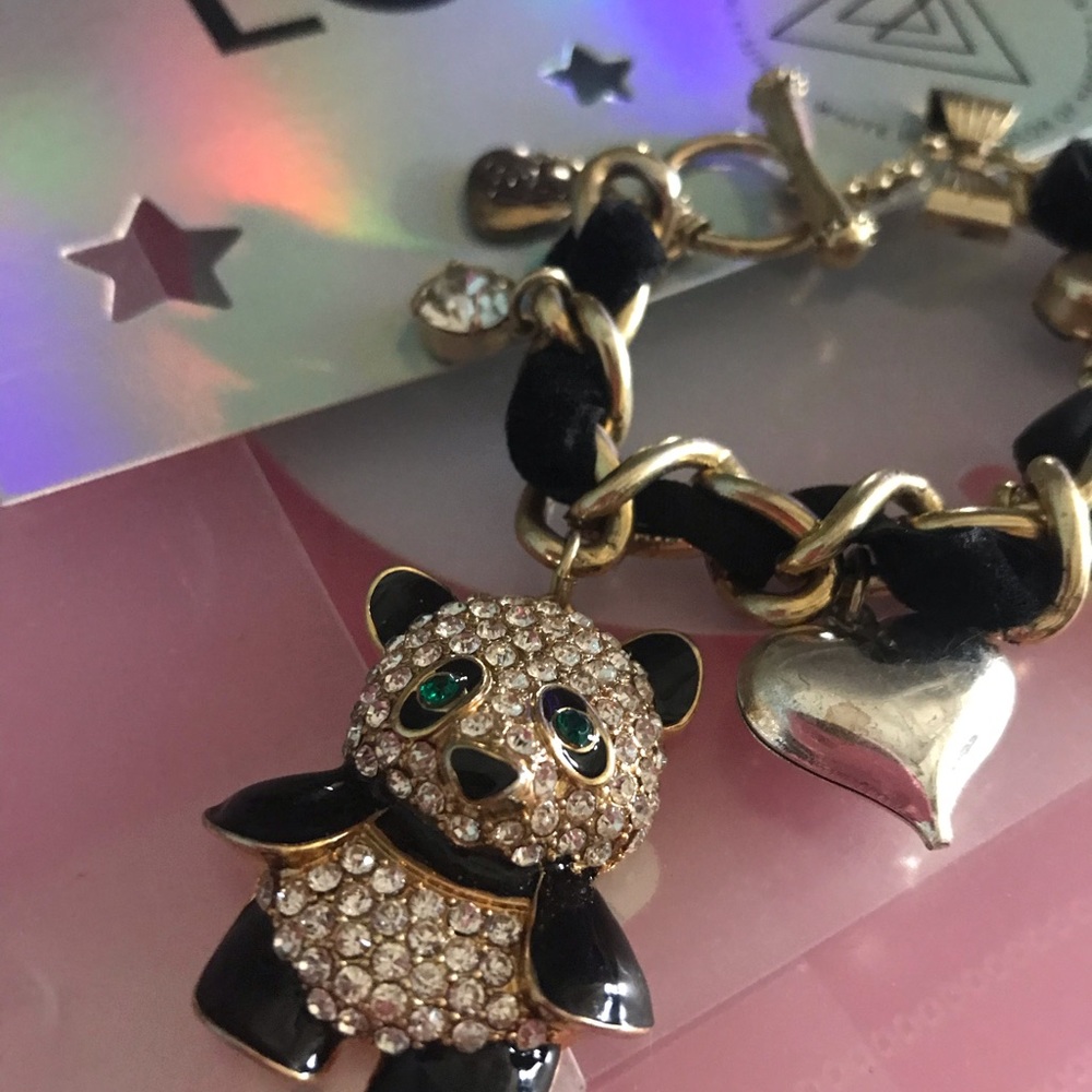 Crystal Panda charm bracelet Betsey Johnson vintage rhinestone zoo animal chain